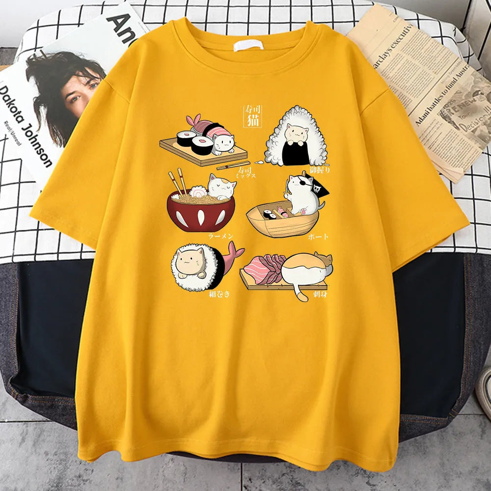 Men's black cotton t-shirt with cute cat sushi cartoon print design, short sleeves, loose fit