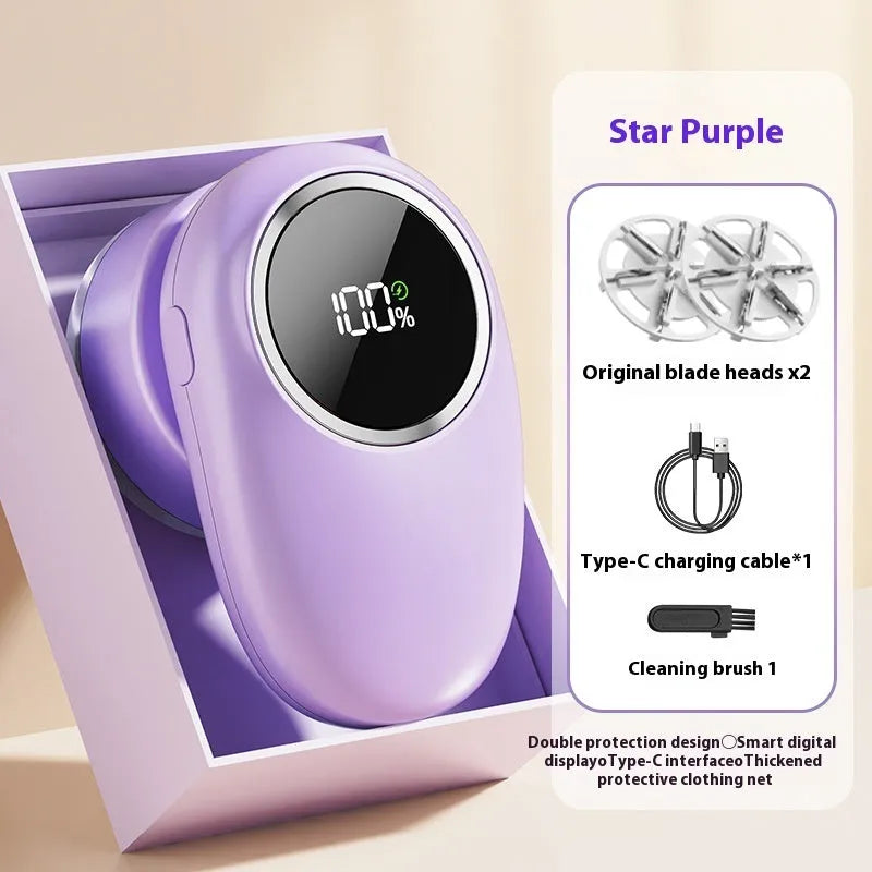 Beige and purple digital fur ball trimmers with USB-C charging cable and multiple cutter heads on a fabric surface