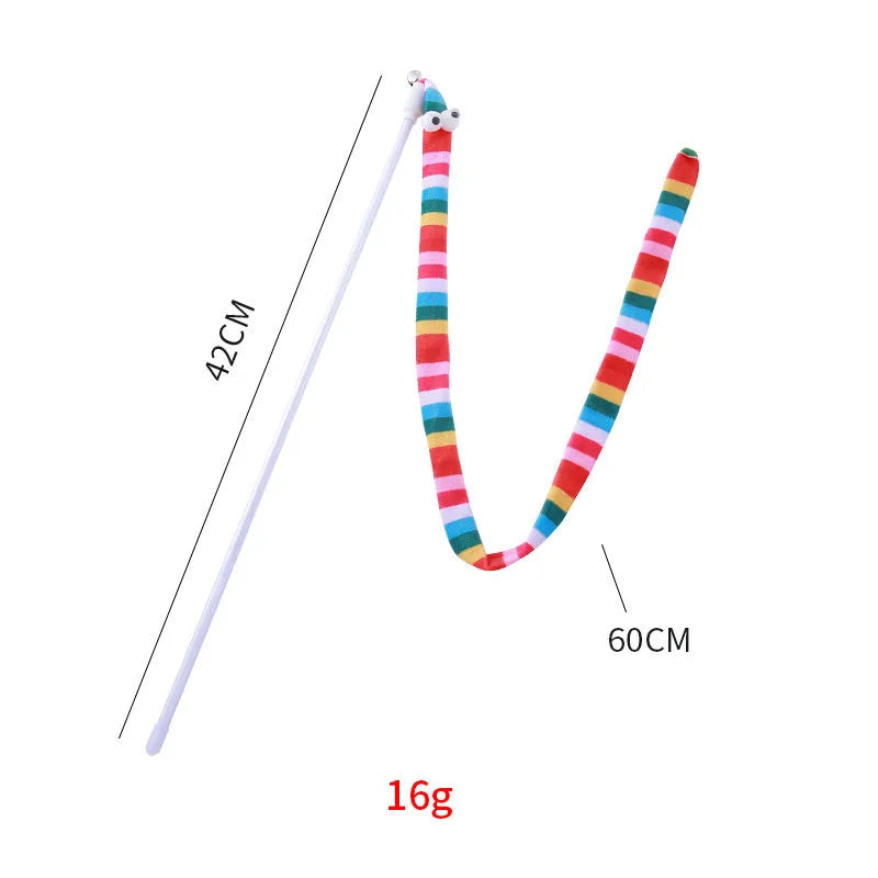 Colourful cat teaser wand with long plush strip and bell on a polycarbonate handle.