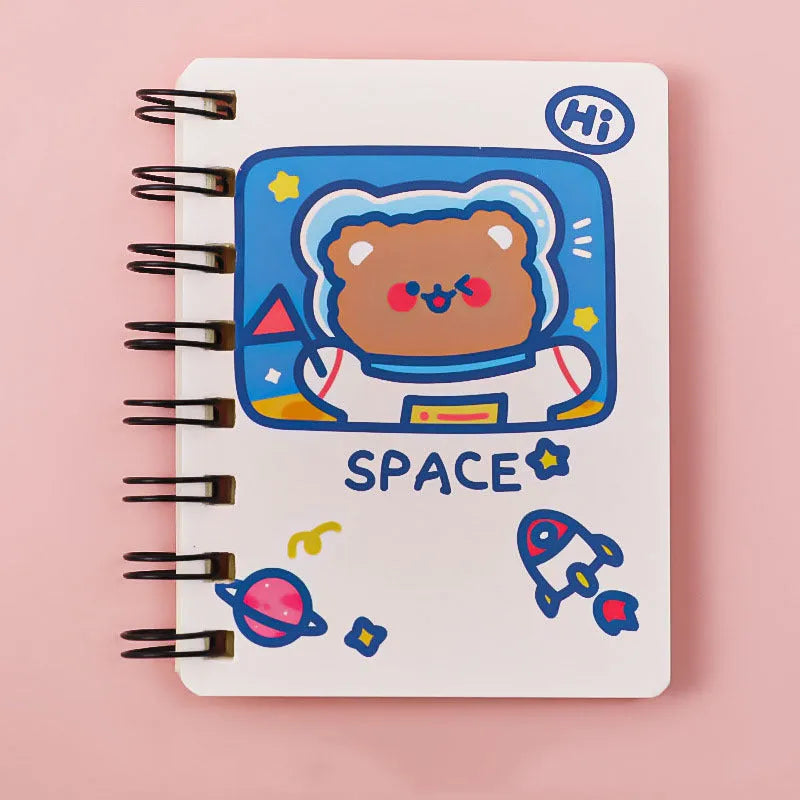 Astronaut-themed portable pocket flipper notebook showing 10.5x8cm size and cover design options