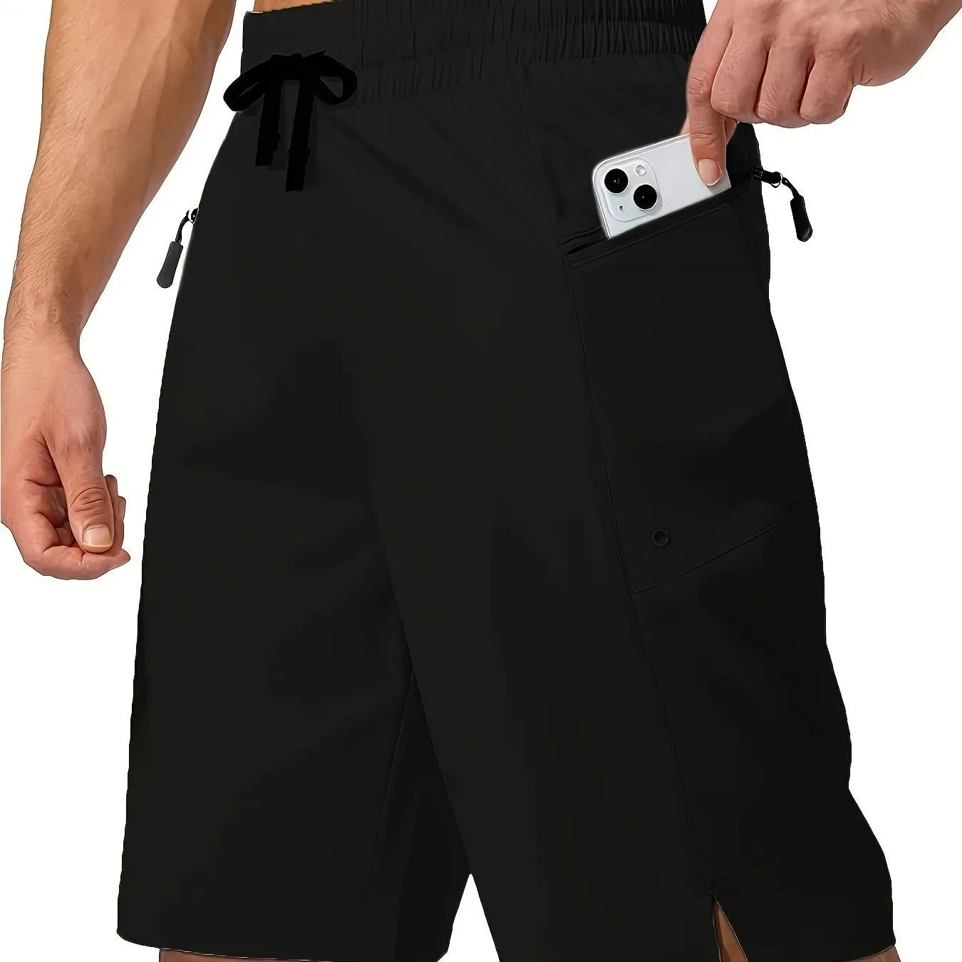 Men's solid colour quick-drying polyester beach shorts in straight-leg cut