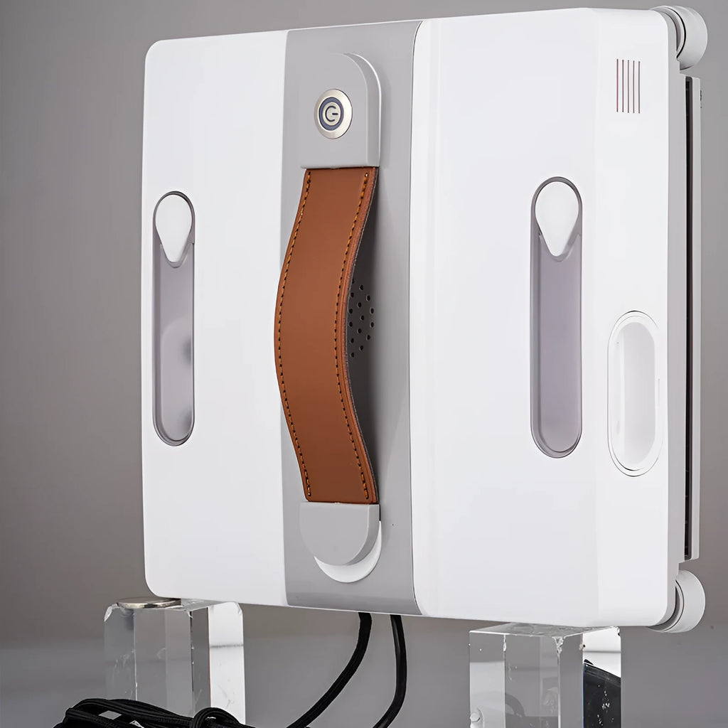 White intelligent window cleaning robot with compact design on a window pane