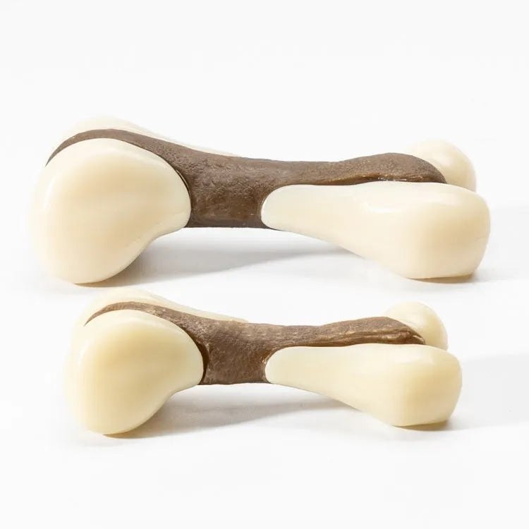 Cowhide and nylon dog bone grinding rod chewing toy in foodie bone design