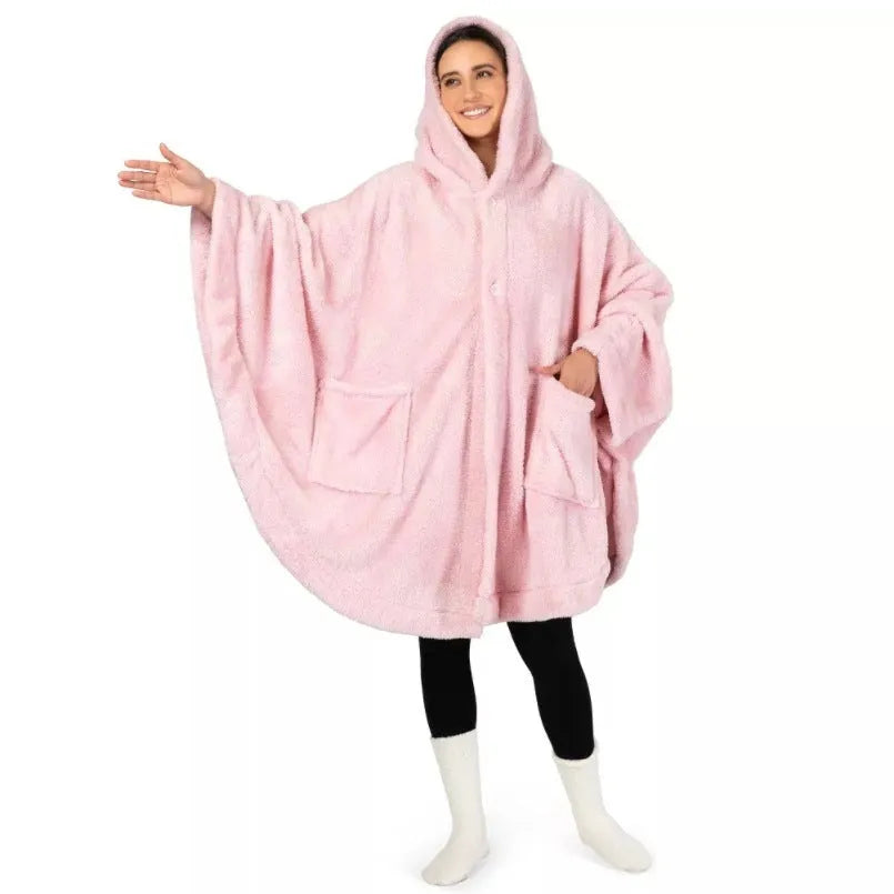 Thickened hooded cloak bathrobe in polyester fabric with cardigan-style front opening