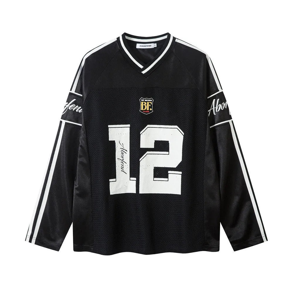Men's black digital printed long-sleeved V-neck t-shirt jersey with loose fit