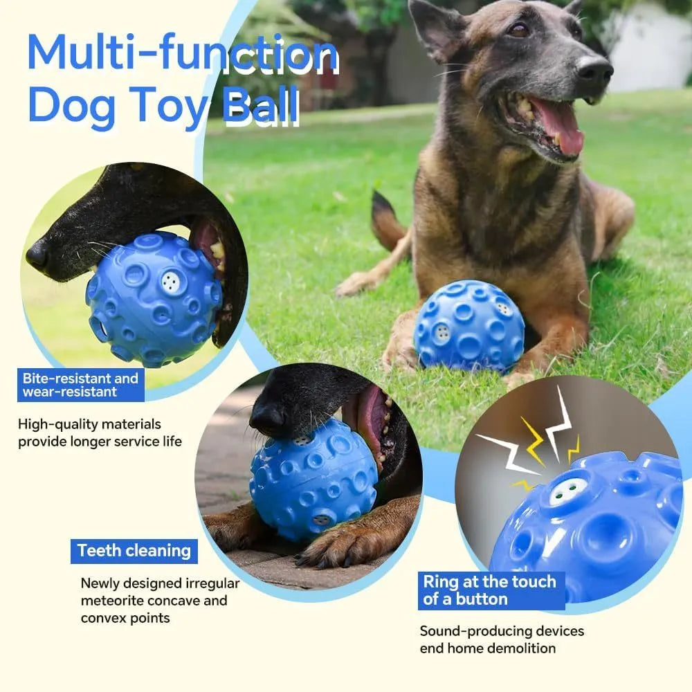 Durable dog chew ball with meteorite-shaped bumps in blue colour