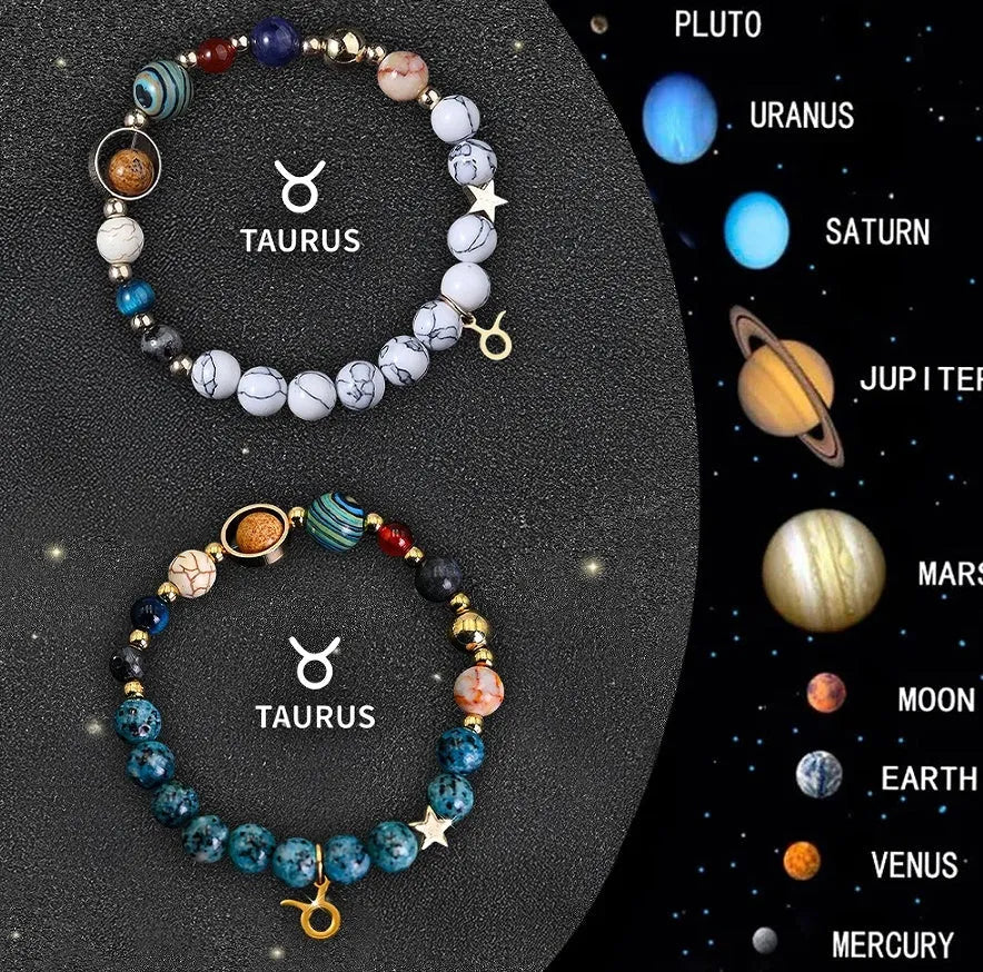 Set of two natural stone beaded bracelets with zodiac sign designs and a stainless steel clasp.