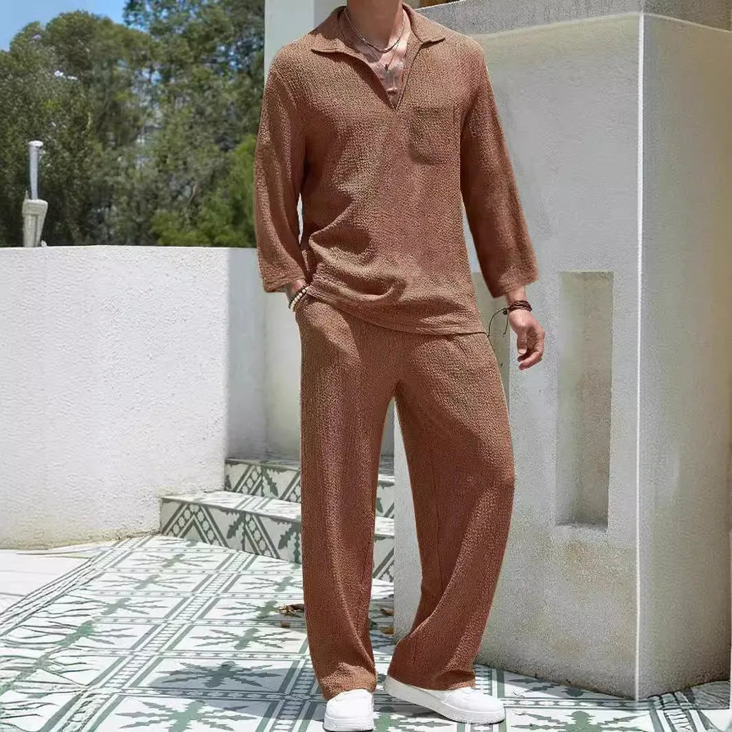 Men's casual polyester shirt trousers suit set in lake blue colour, showing complete two-piece outfit