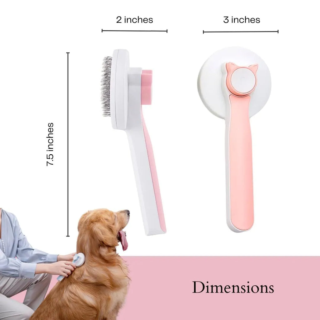 Blue self-cleaning slicker brush for dogs and cats on a white background, showing ergonomic rubber handle.