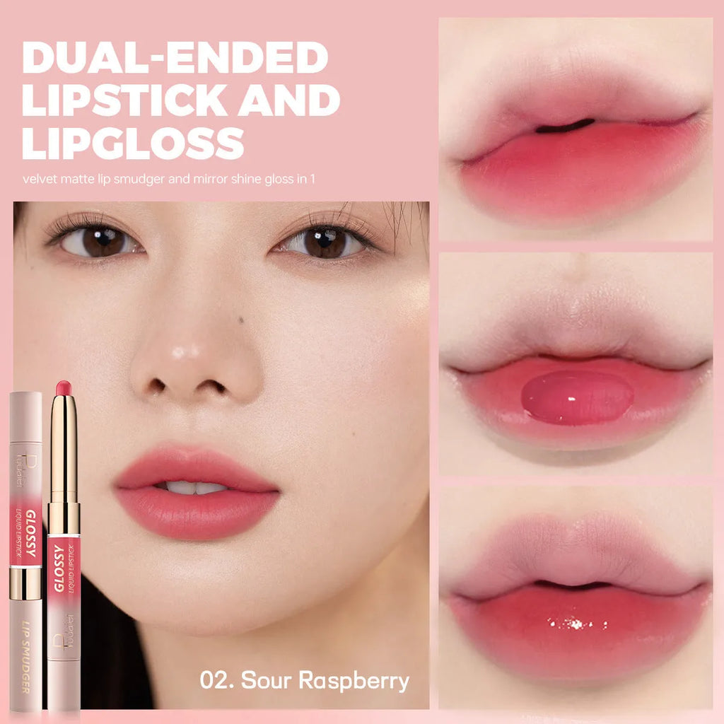 Double-headed lipstick lip gloss showing two matte colour ends with ten shade options from 01 to 10
