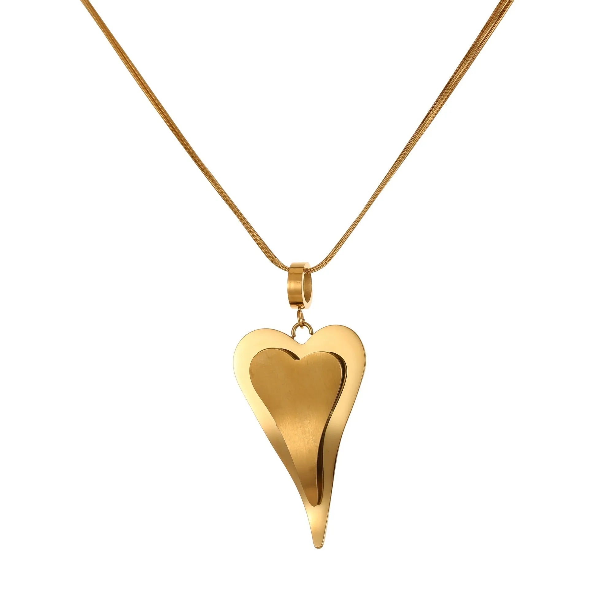 Geometric double heart pendant necklace with snake bones chain in stainless steel, gold tone and steel colour options
