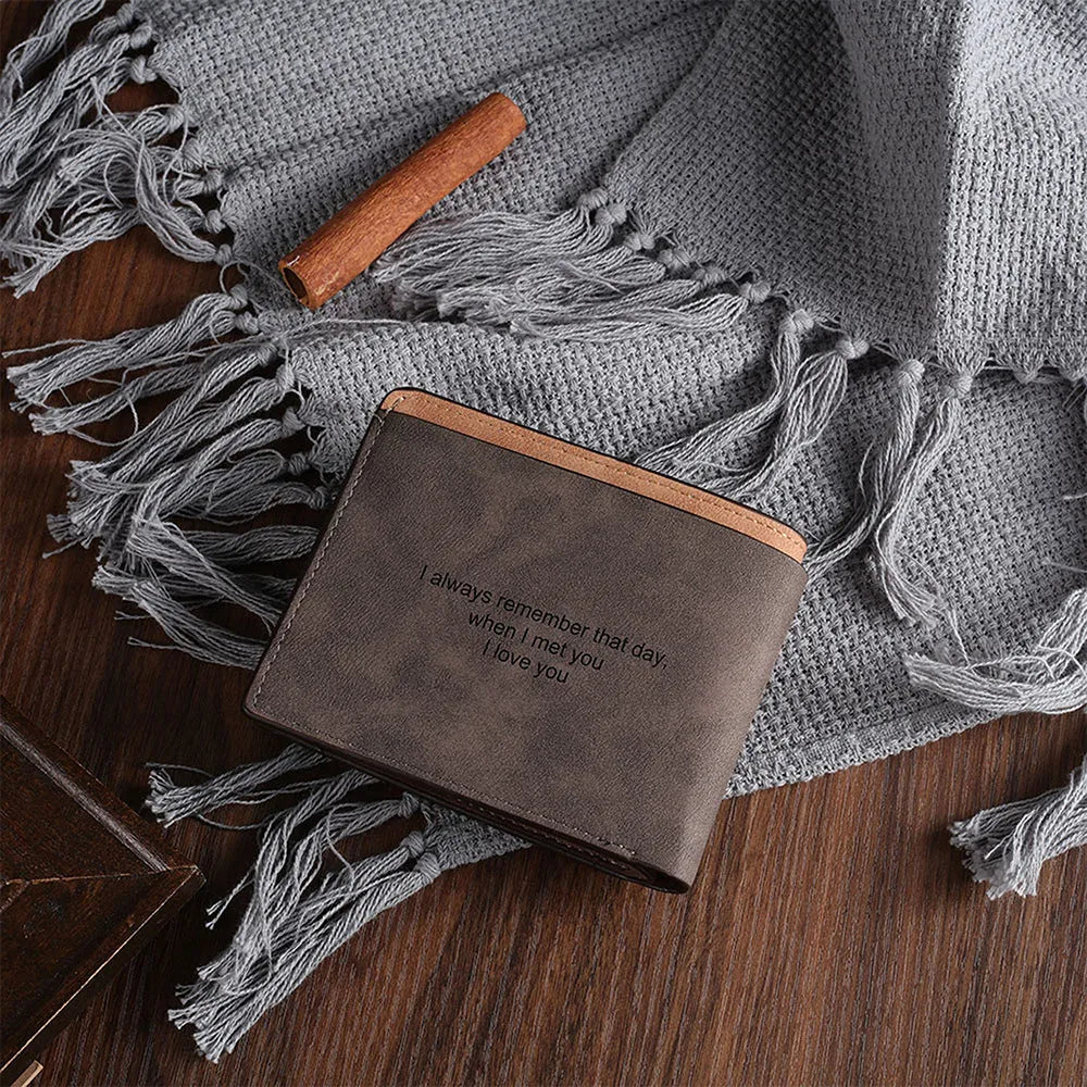 Coffee coloured engraved horizontal short wallet for men with personalised photo etching.