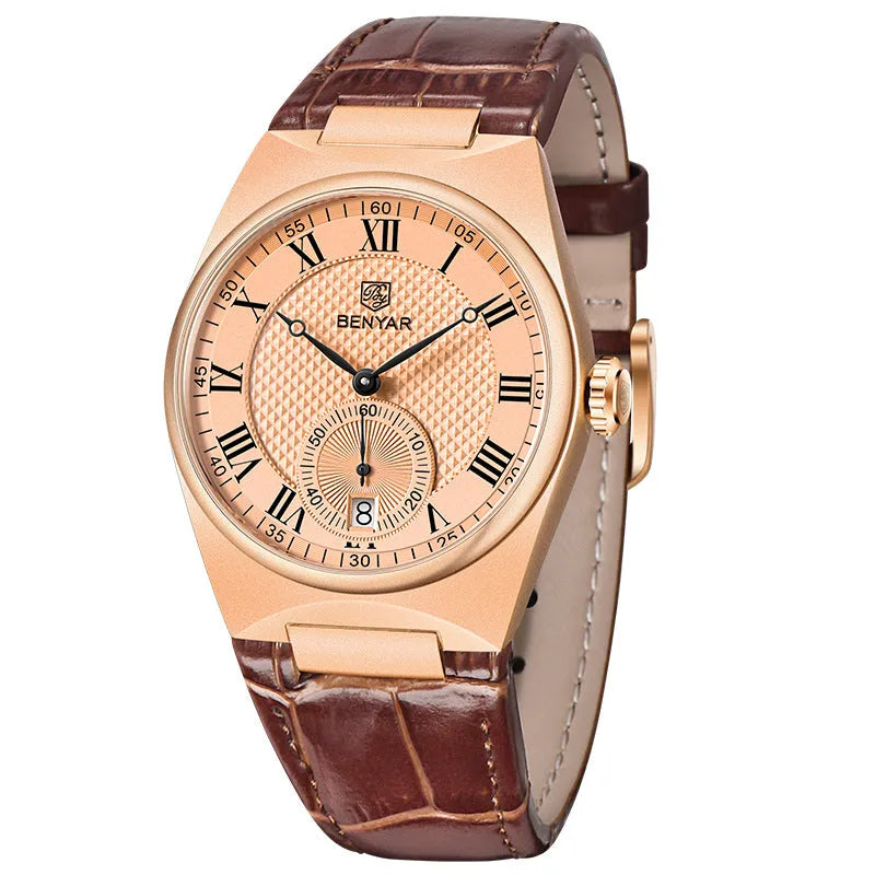 Men's quartz watch with white shell white surface, calendar, and waterproof build, 12mm thickness, business style