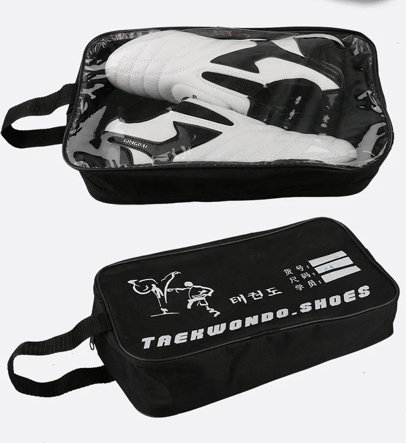 Black and white children's Sanda martial arts training shoes with a soft sole, shown with a shoe bag and socks.