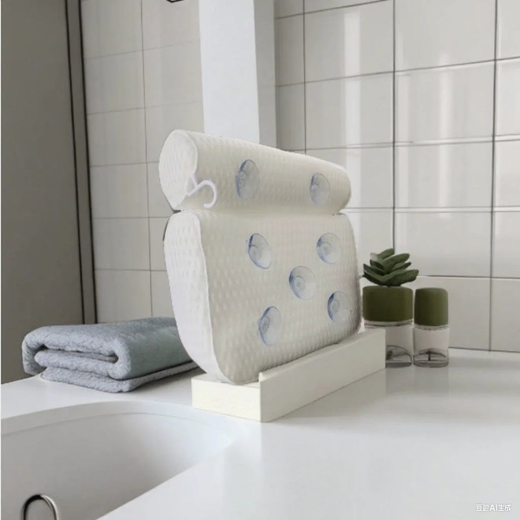 White bathtub pillow with 4D mesh fabric and seven large suction cups on a flat surface.