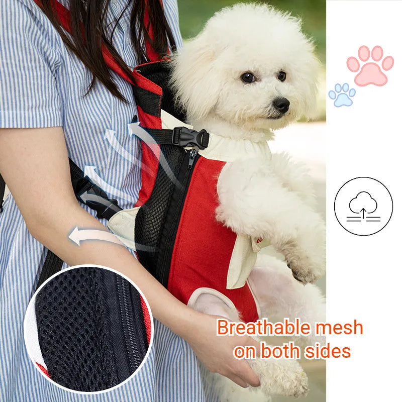 Front-carry pet sling bag with breathable mesh panels and adjustable shoulder strap in blue and yellow colour combination