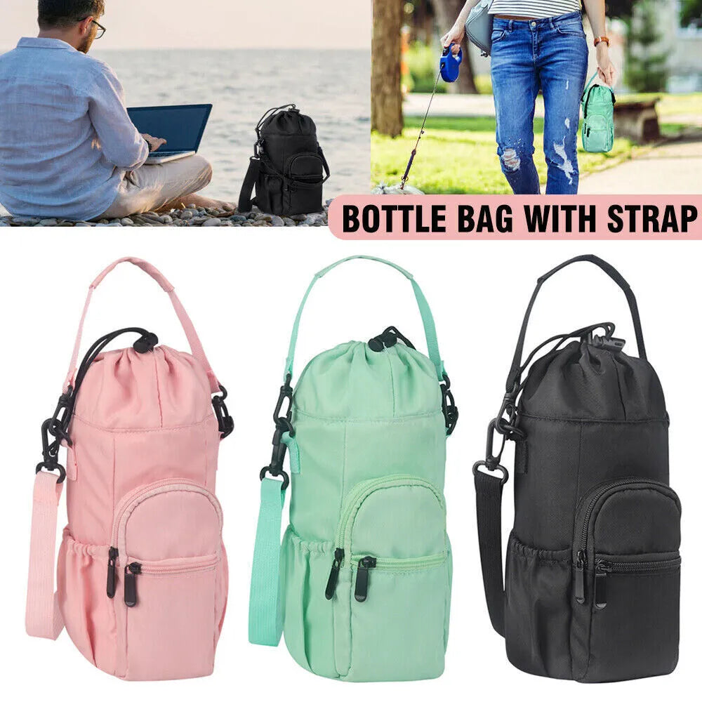 Cloth water bottle shoulder pouch in black, green, or pink with adjustable strap.
