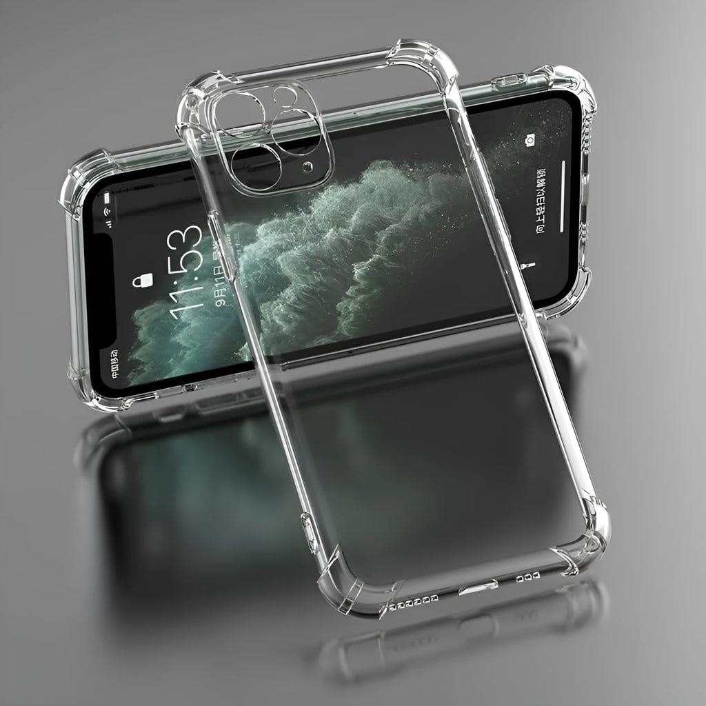 Clear transparent TPU shockproof back cover case for Apple iPhone on a table