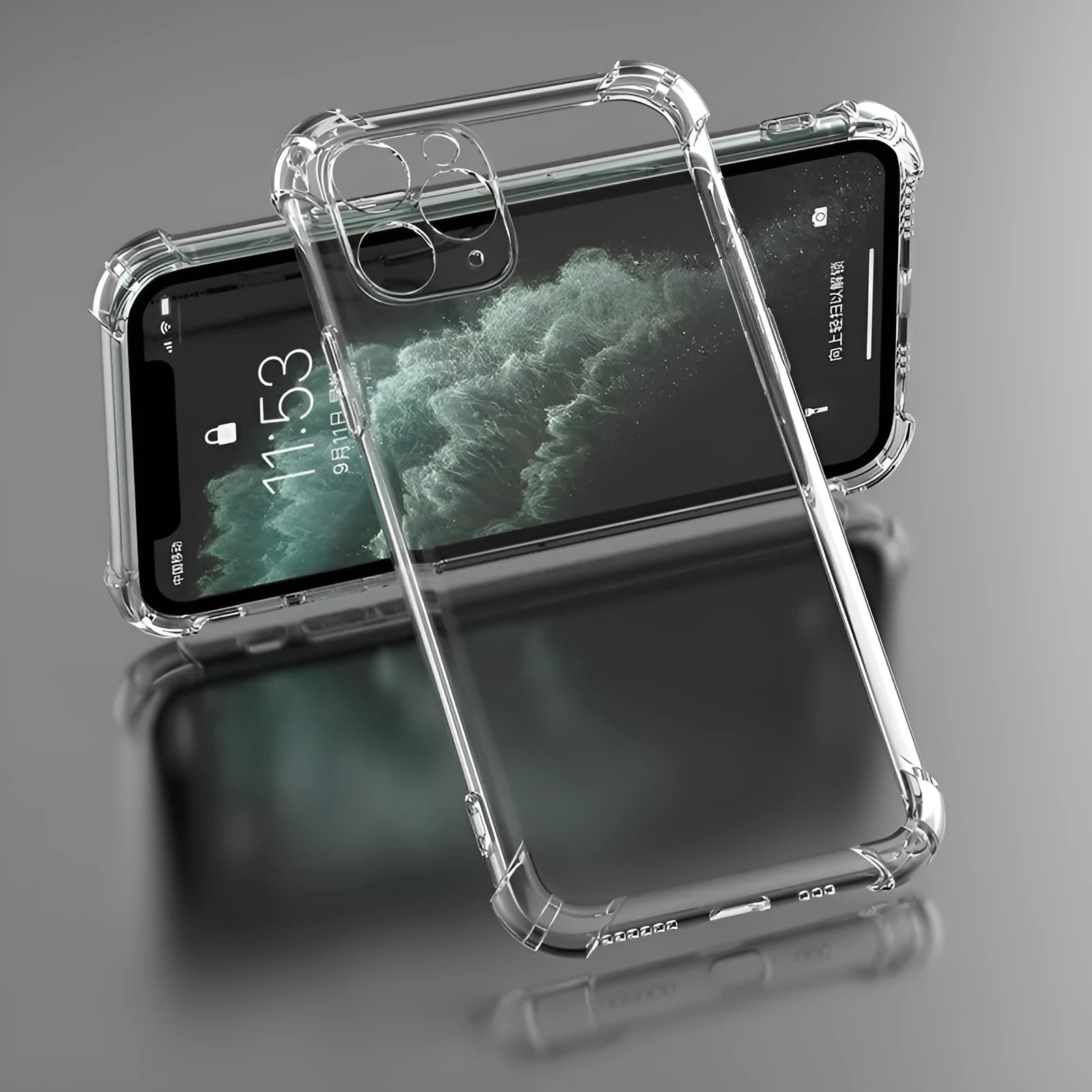 Clear transparent TPU shockproof back cover case for Apple iPhone on a table