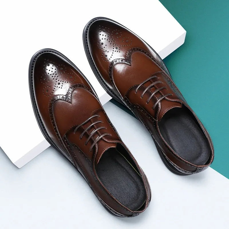 Men's black and brown brogue Oxford style formal shoes with perforated detailing.