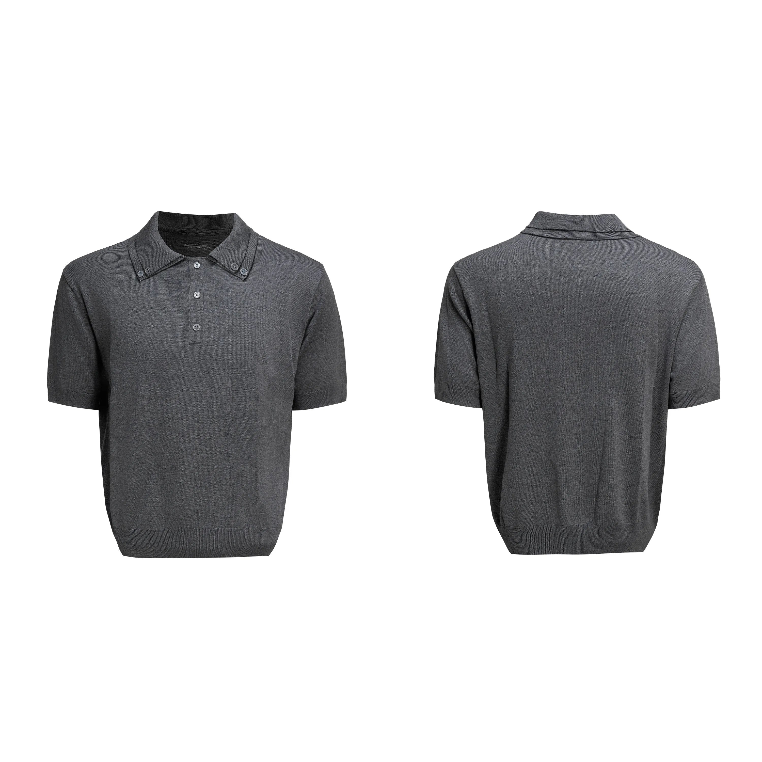 Man wearing a grey double collar lapel short sleeve polyester knit shirt in a loose fit