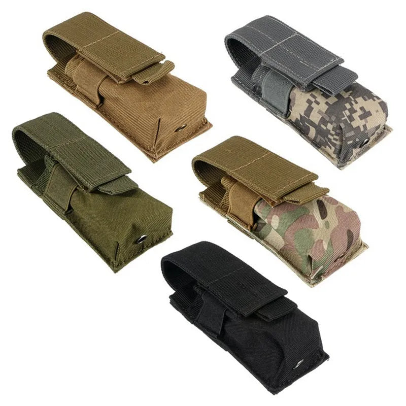 Black tactical Molle waist pouch with elastic cord buckle, shown attached to a belt.