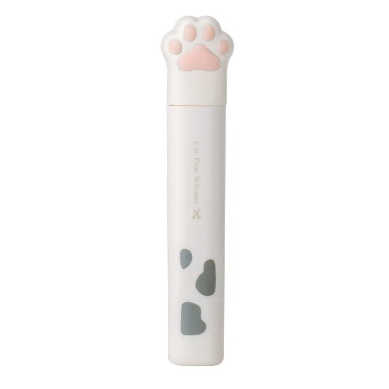 Small stainless steel folding scissors with cat paw handles shown in pink, blue, black, and white.