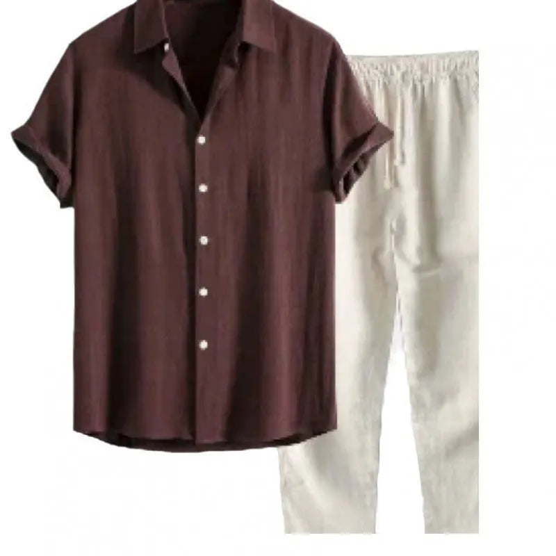 Men's casual linen-blend suit with short sleeve shirt and loose trousers in multiple colour options