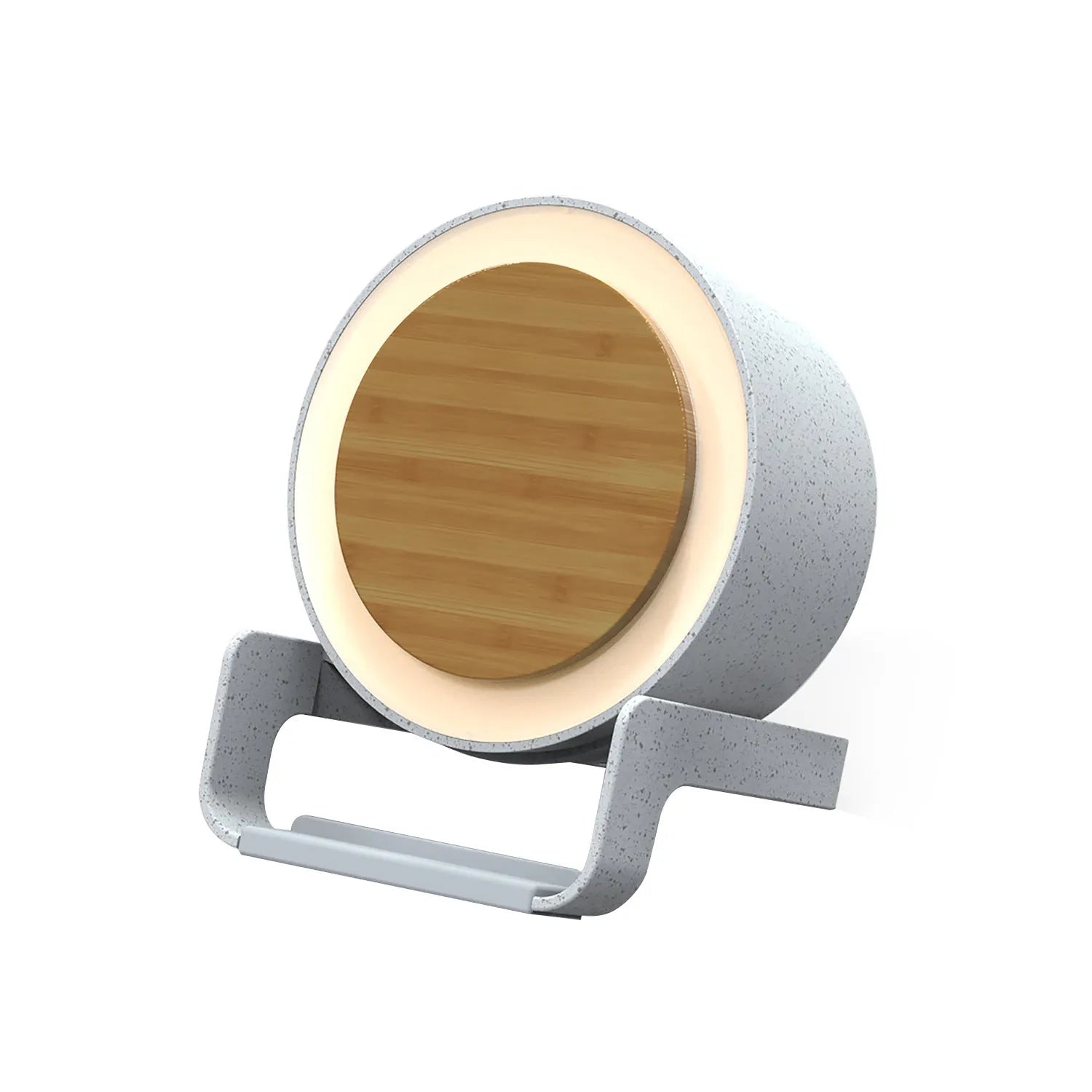 Multi-function wireless charger Bluetooth speaker night light phone holder in white, straw, and black colours, 137.5x170x92mm