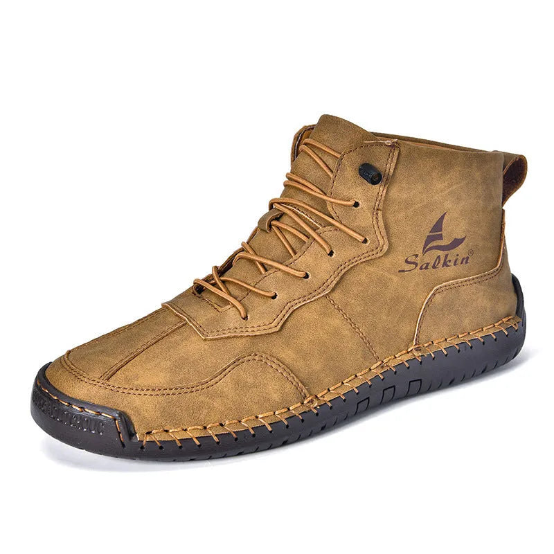 Men's retro-style high-top casual boots in frosted PU leather with elastic band closure and round toe.