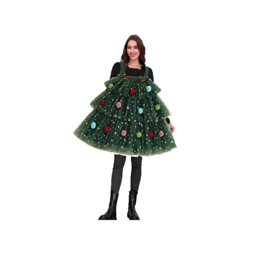 Green mesh polka dot tiered dress with colourful ball decorations and wide waistband