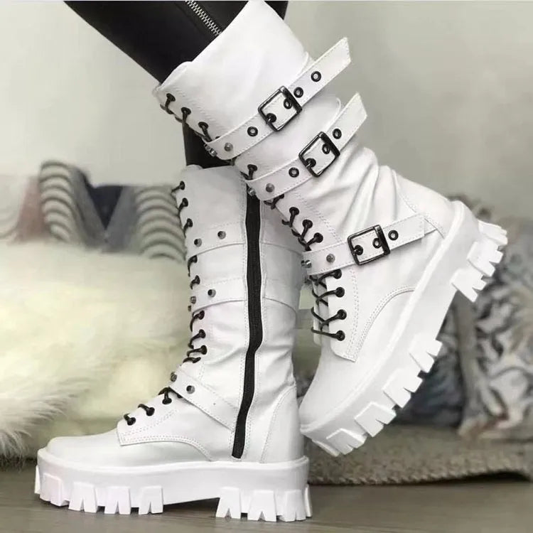 Women's punk mid boots in white with buckle, lace-up front, side zip, round toe, and artificial PU upper