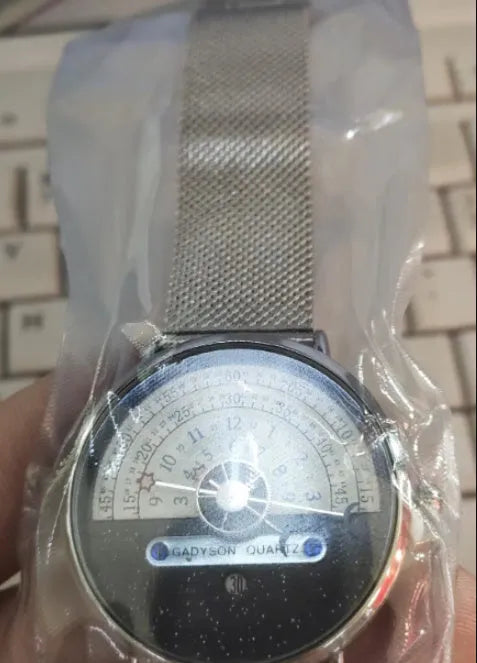 Men's silver sports watch with 40mm dial and stainless steel strap showing quartz movement display