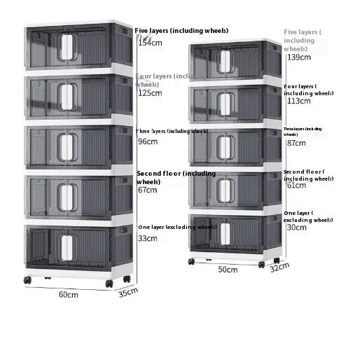 Foldable white household storage locker with wheels and multiple shelves for shoes and toys.