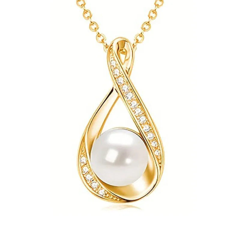 Alloy simulated pearl clavicle chain with diamond inlaid heart pendant, gold finish, on a white background