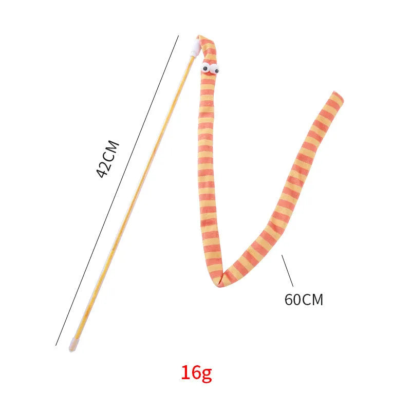 Colourful cat teaser wand with long plush strip and bell on a polycarbonate handle.