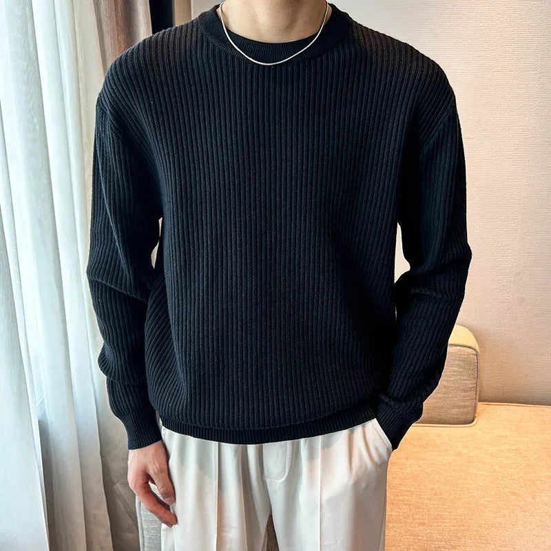 Men's thick bamboo fibre ice silk sweater in light gray, loose fit, round neck, striped pattern