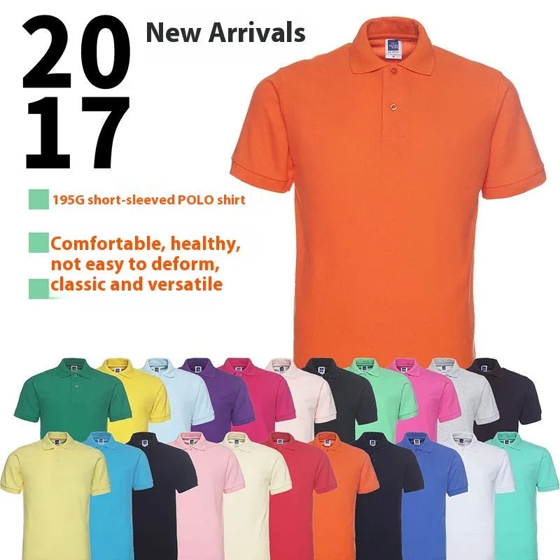 Men's plus size solid colour lapel collar short sleeve polo shirt on a hanger.