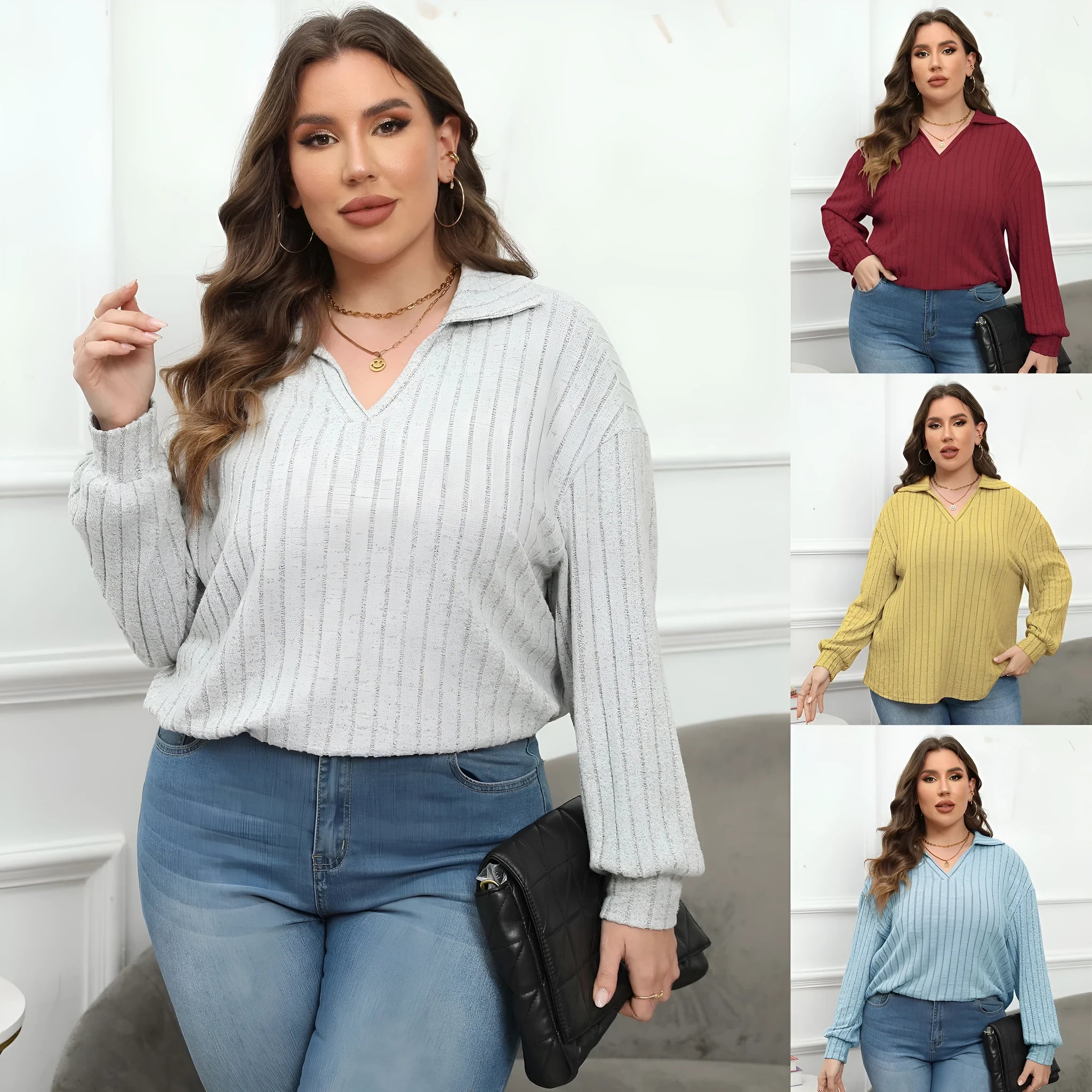 Women's plus size gray polo collar shirt with lantern sleeves in street fashion gothic style
