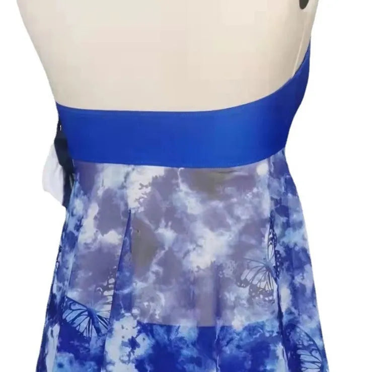 Blue women's bikini swimsuit made from stretch spandex fabric on a white background.
