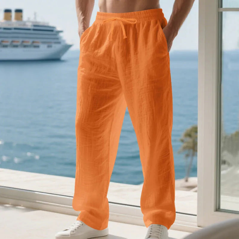 Men's linen solid colour loose fit wide leg drawstring beach trousers, straight cut, summer casual wear