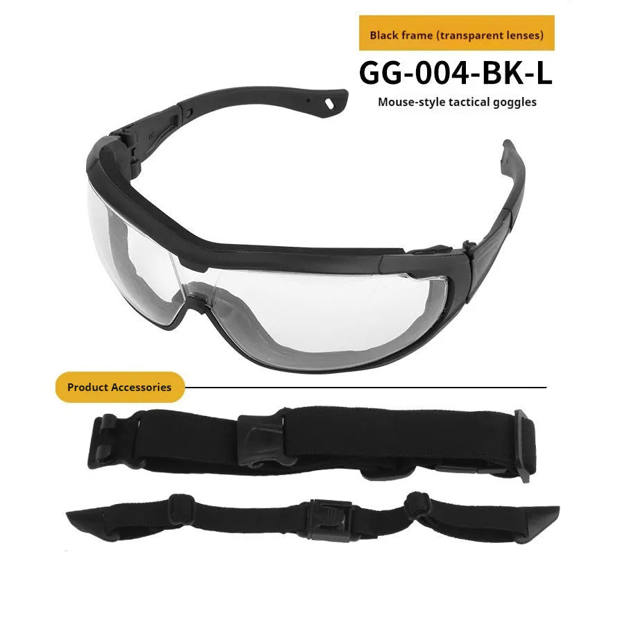 Outdoor fishing sand-proof goggles with plastic full rim frame, transparent lens, sports style, available in black mud army colour