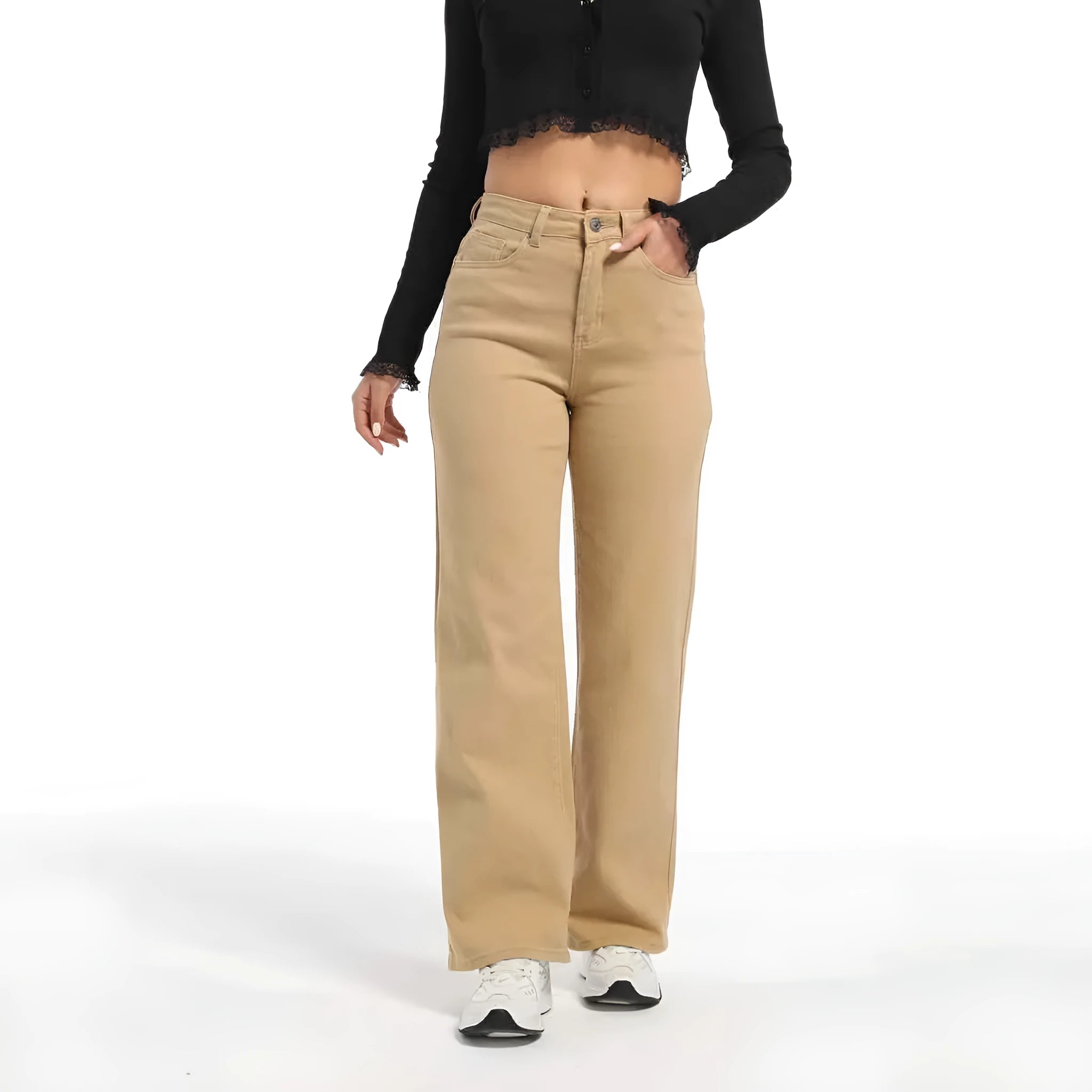 Women's apricot high-waist wide-leg cotton jeans laid flat showing straight leg cut.