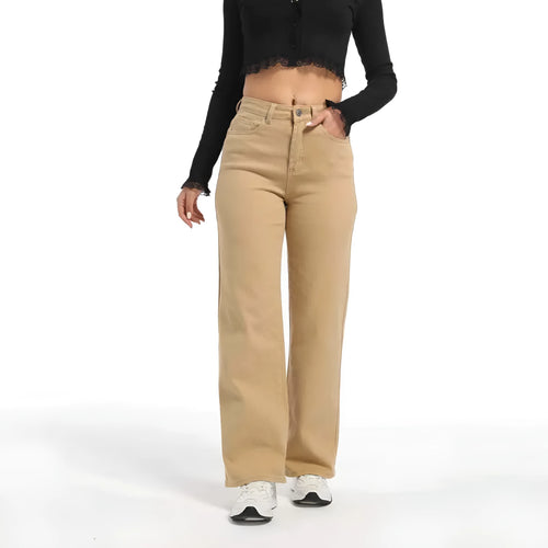 Women's apricot high-waist wide-leg cotton jeans laid flat showing straight leg cut.
