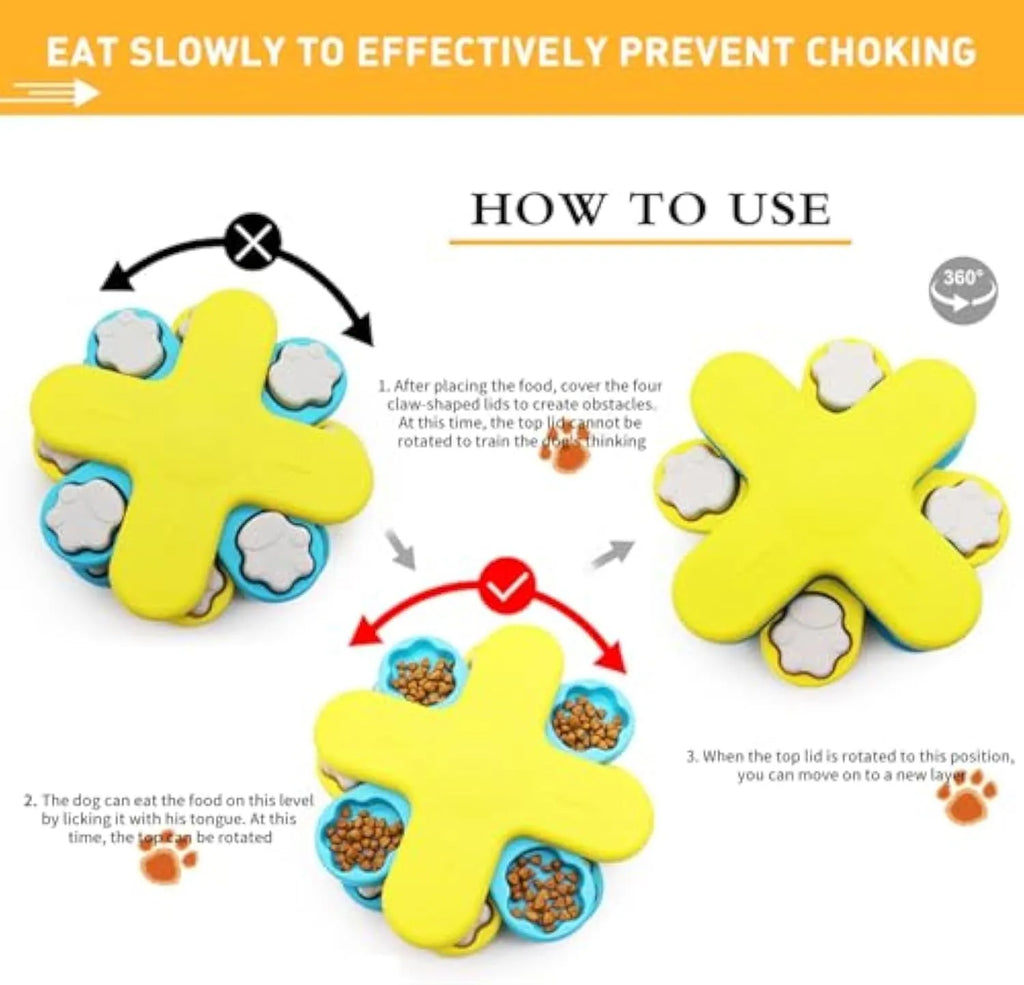 Yellow three-layer rotating dog puzzle feeder toy with anti-slip base for interactive slow feeding