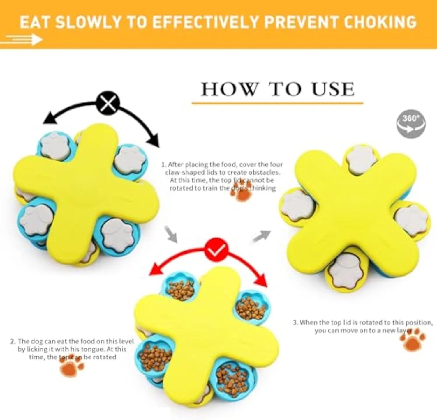 Yellow three-layer rotating dog puzzle feeder toy with anti-slip base for interactive slow feeding