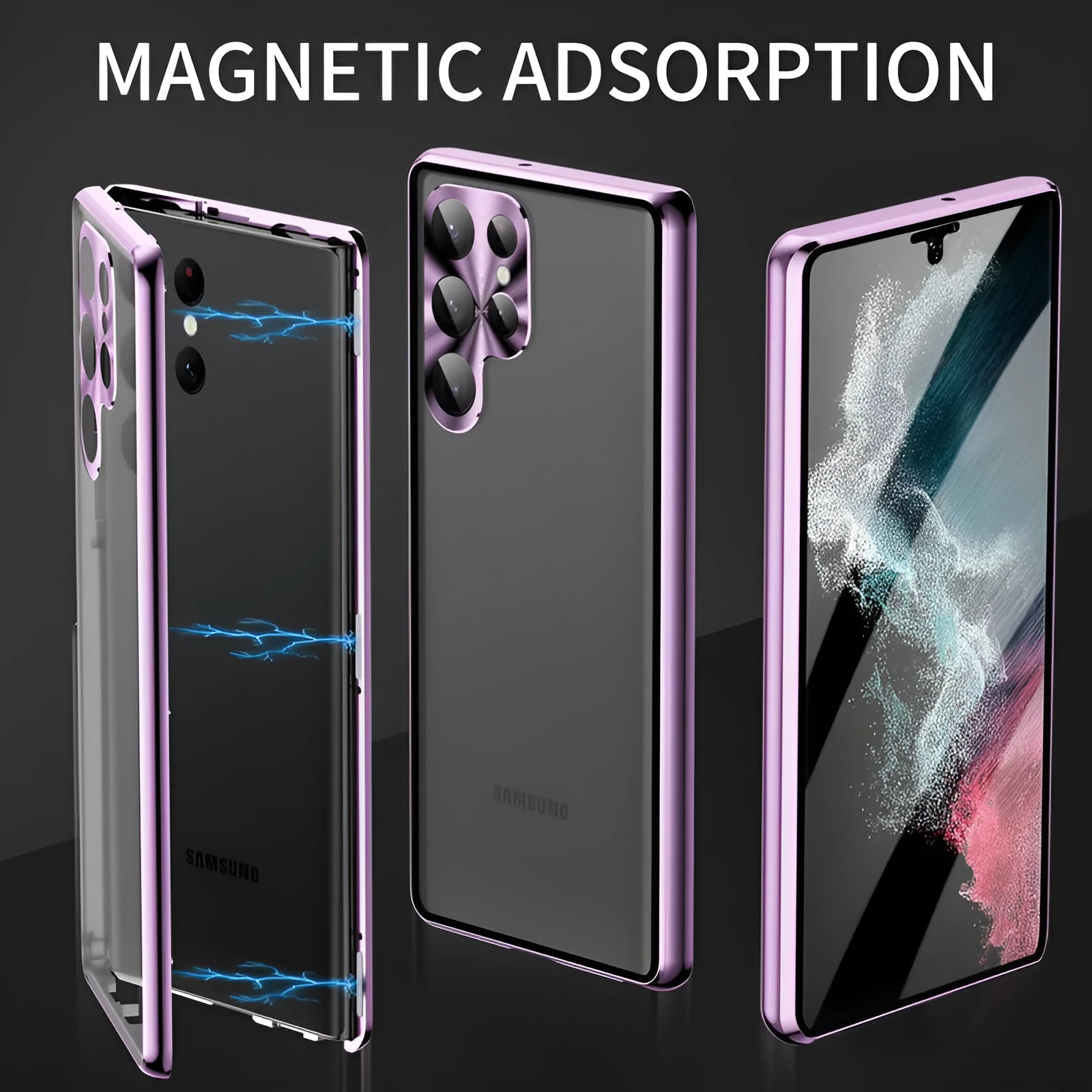 Metal magnetic phone case with peep-proof mirror for Samsung S24 Ultra in black colour.