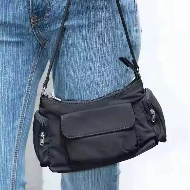 Black PU women's shoulder bag with double pockets and side line detailing