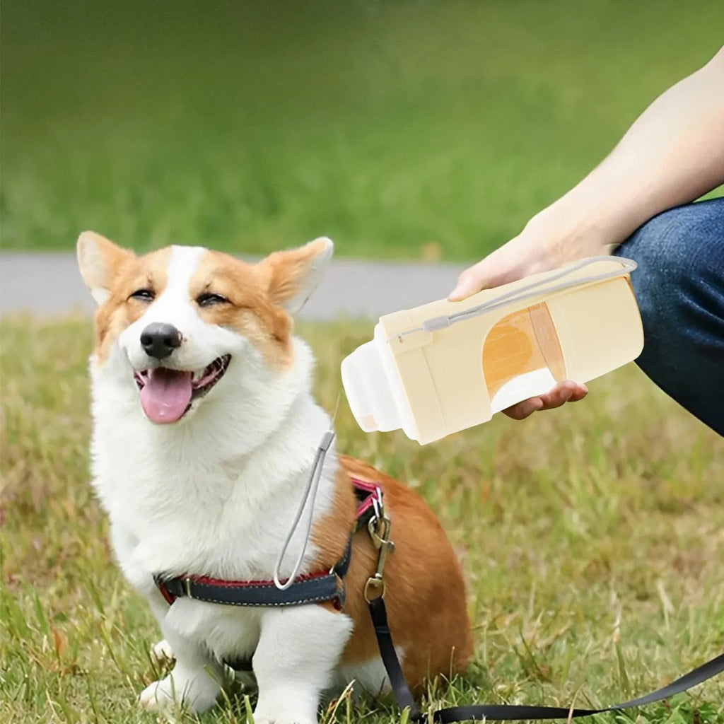 Green 2-in-1 travel dog water bottle and feeder with lanyard, folded to 20cm.
