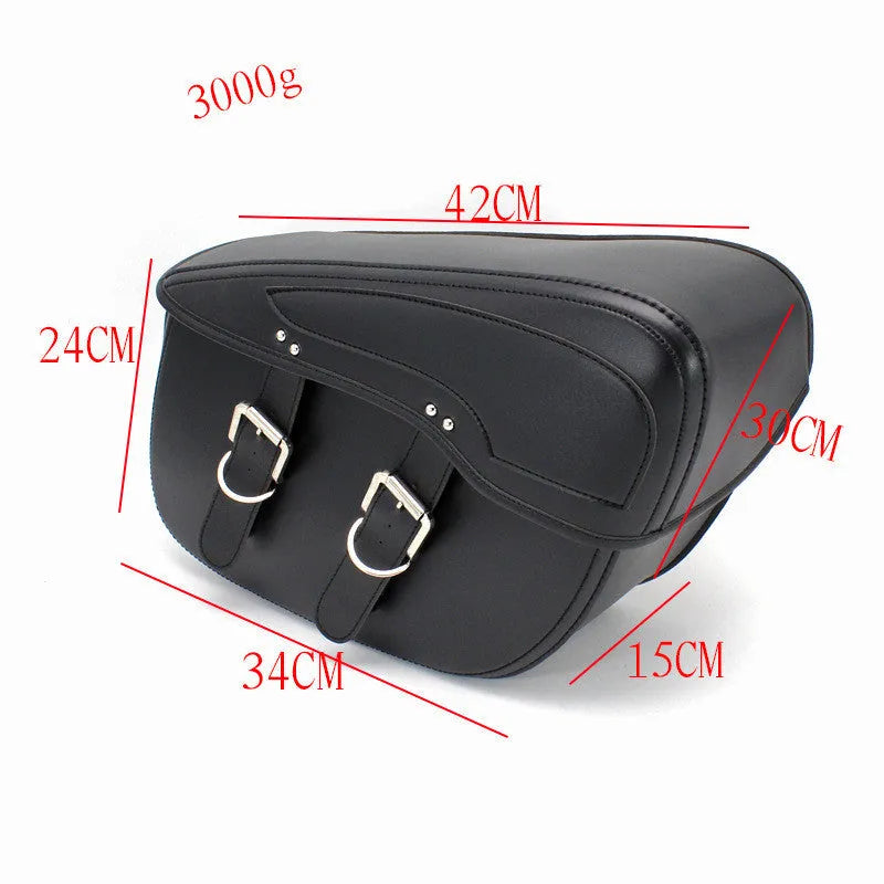 Retro motorcycle saddle bag in PU leather showing side box design with 42cm width